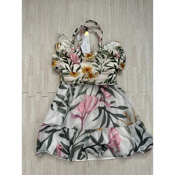 PatBo Jasmine Cutout Mini Dress Sexy Honeymoon Floral Ruffle Criss Cross Large - Picture 14 of 16